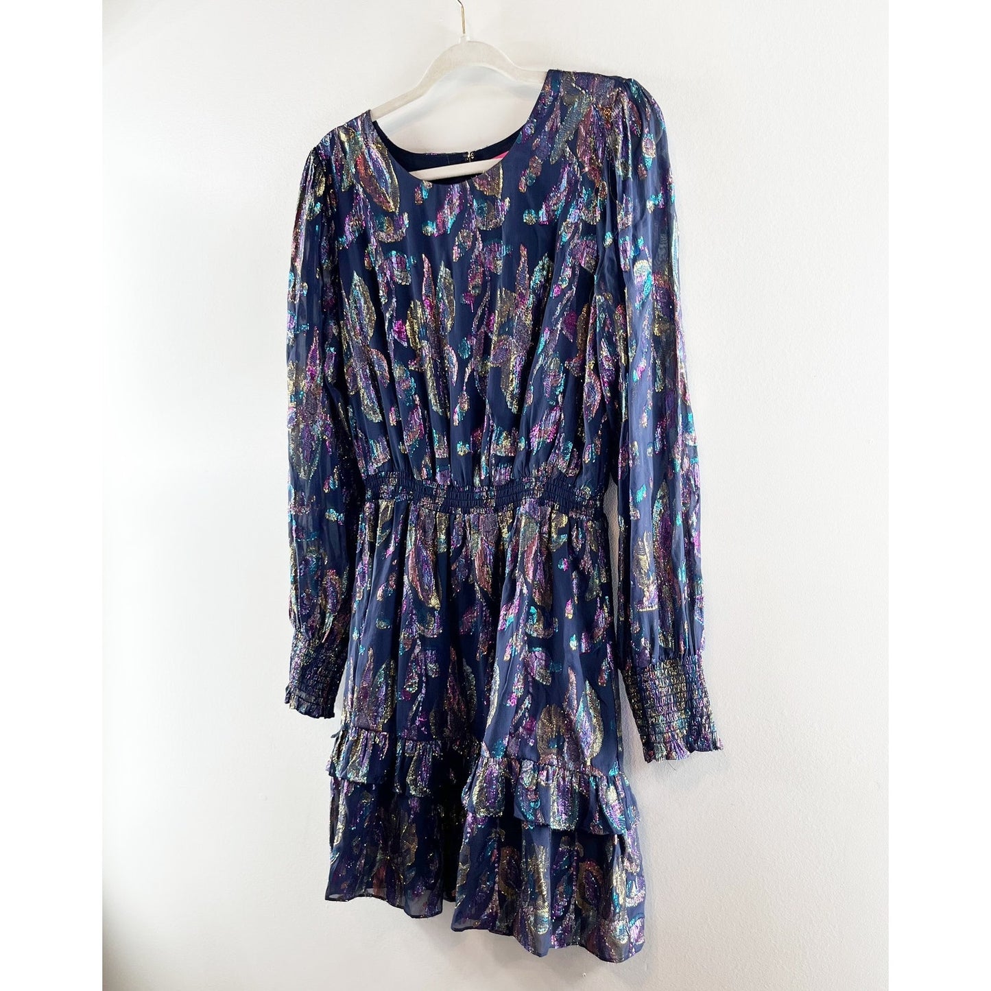Lilly Pulitzer Dotti Long Sleeve Floral Ruffle Hem Metallic Mini Dress Blue 14