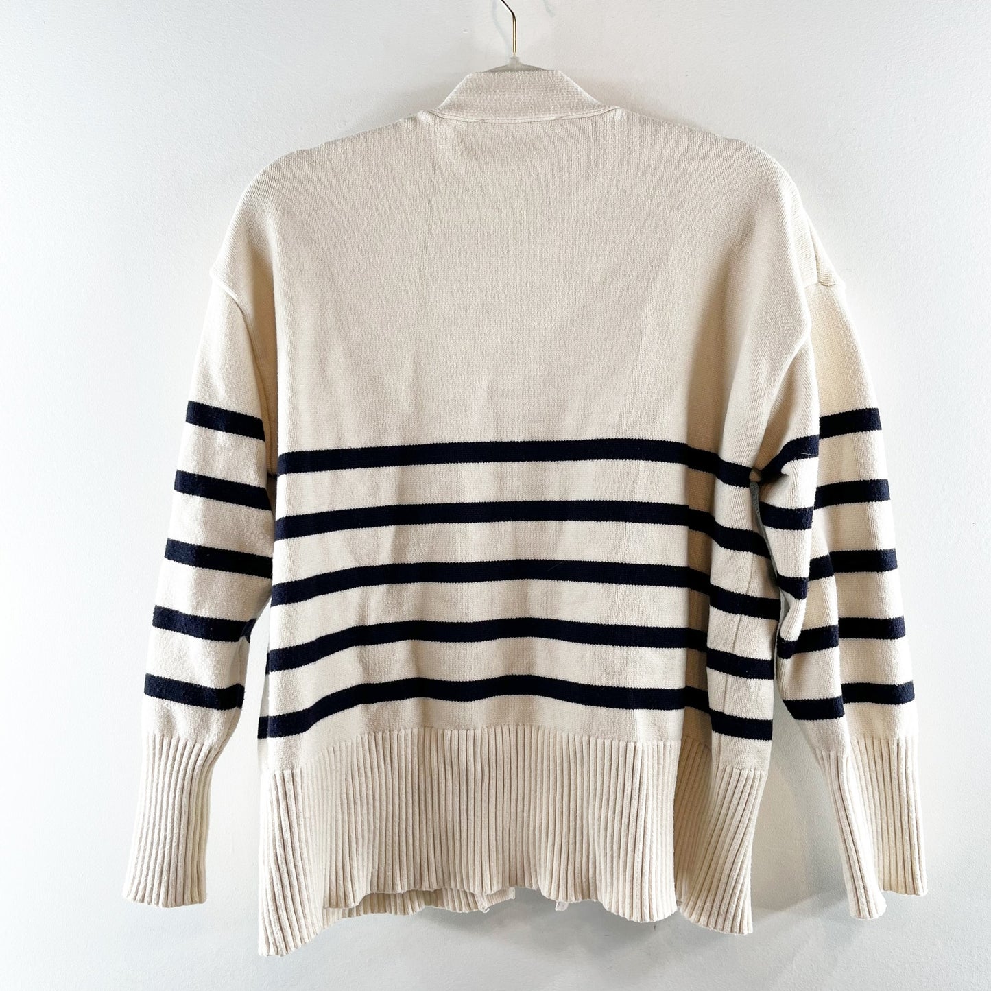 Zara Striped Long Sleeve V-Neck Button Front Cardigan Sweater Cream Navy Small