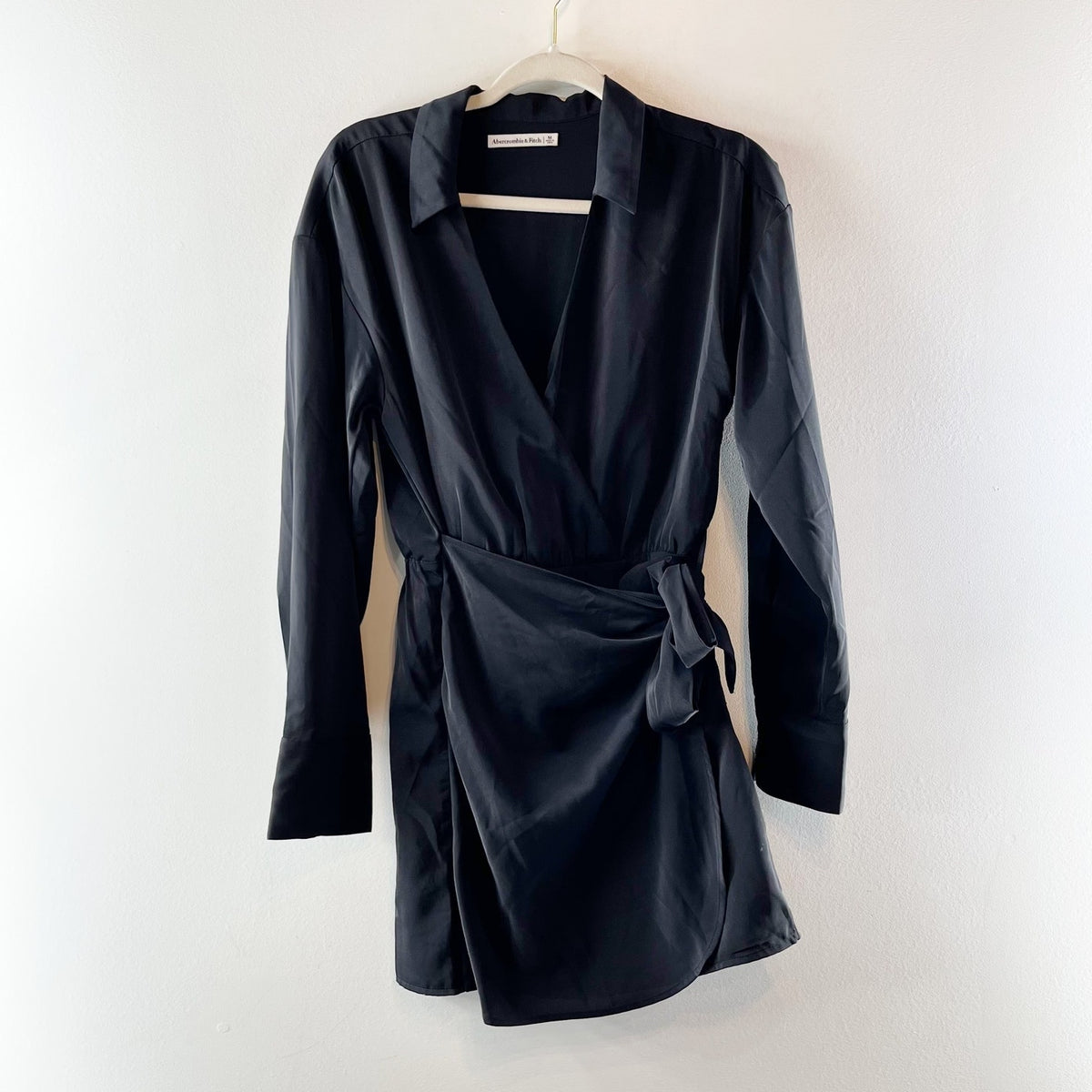 Abercrombie Long Sleeve V Neck Collared Wrap Mini Shirt Dress Black Medium