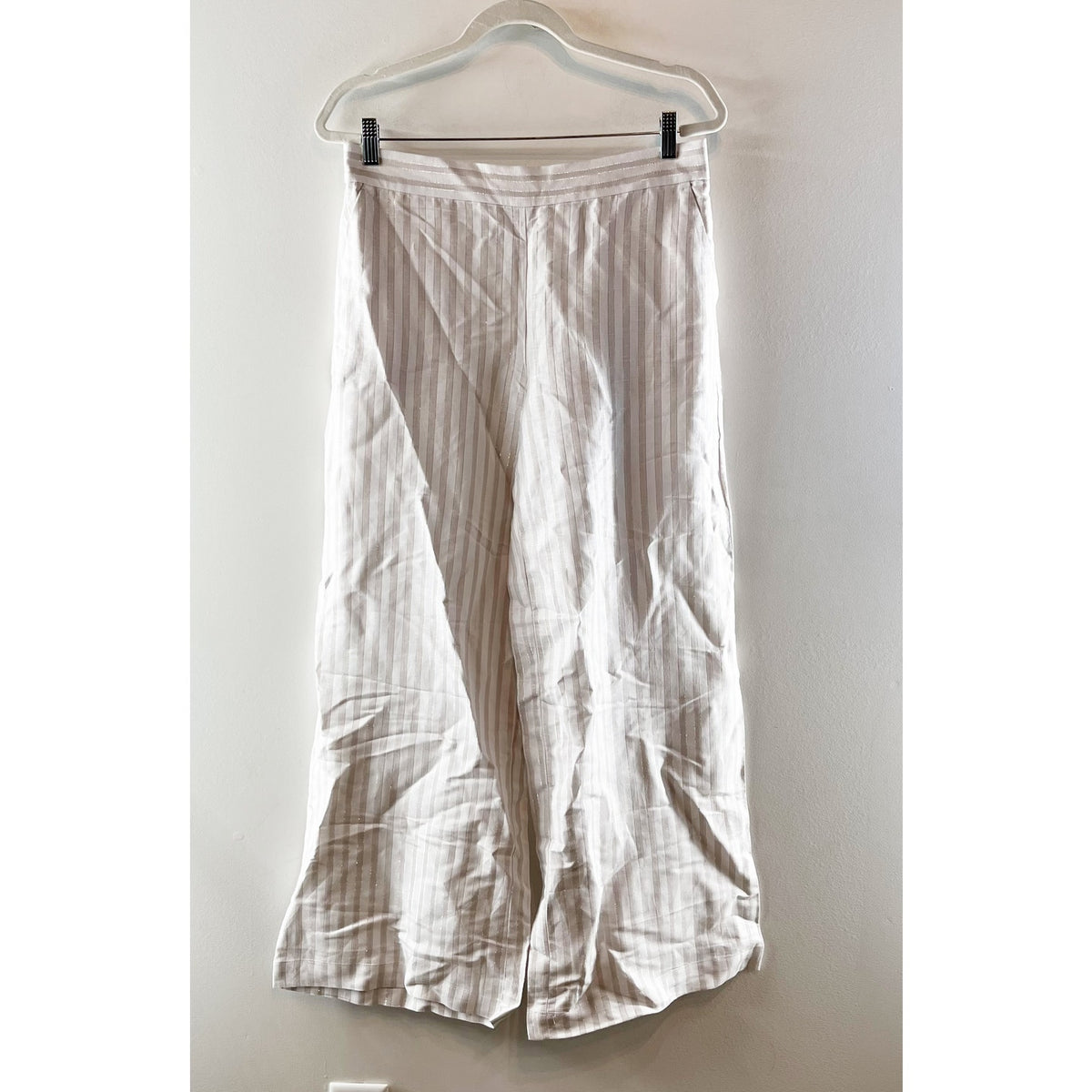 LOFT Linen Blend High Rise Wide Leg Striped Pants Cream Tan Beige Medium