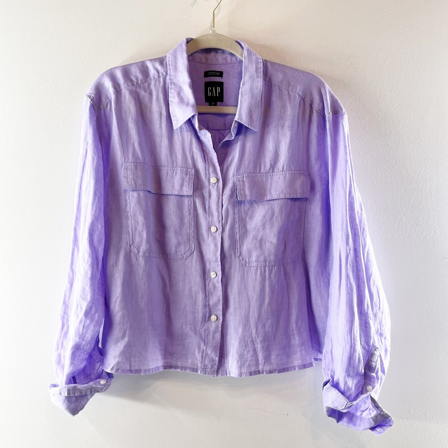 GAP Linen Long Sleeve Cropped Button Down Shirt Lavender Purple Medium