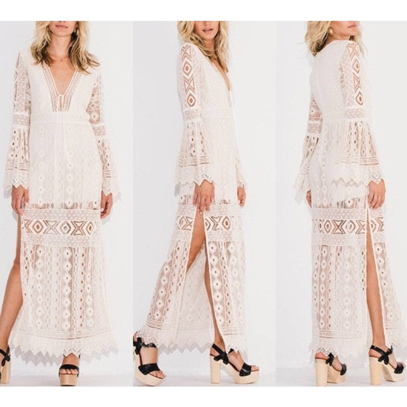 Jen’s Pirate Booty Chaouen Lace Crochet Boho Maxi Dress Ivory XS