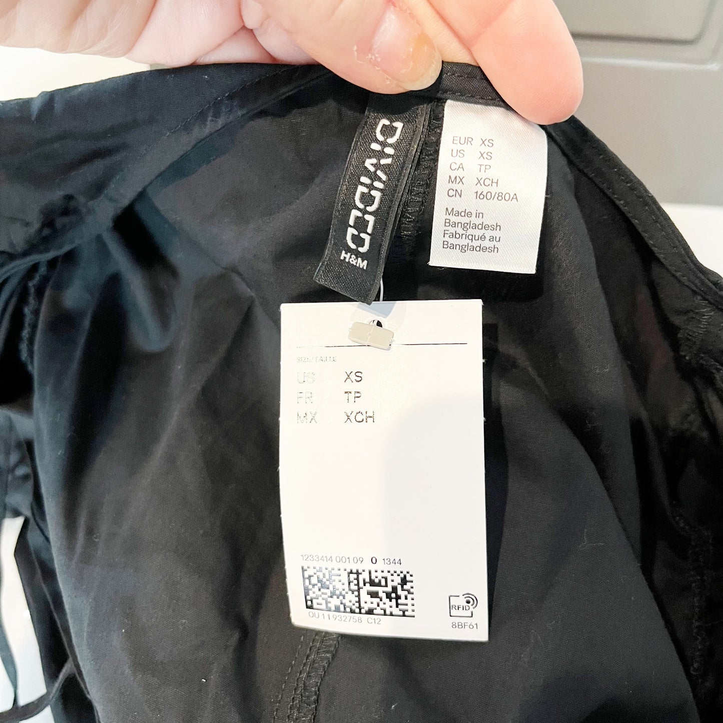 H&M Tie-Front Puff-Sleeved Mini Babydoll Poplin Dress Black XS