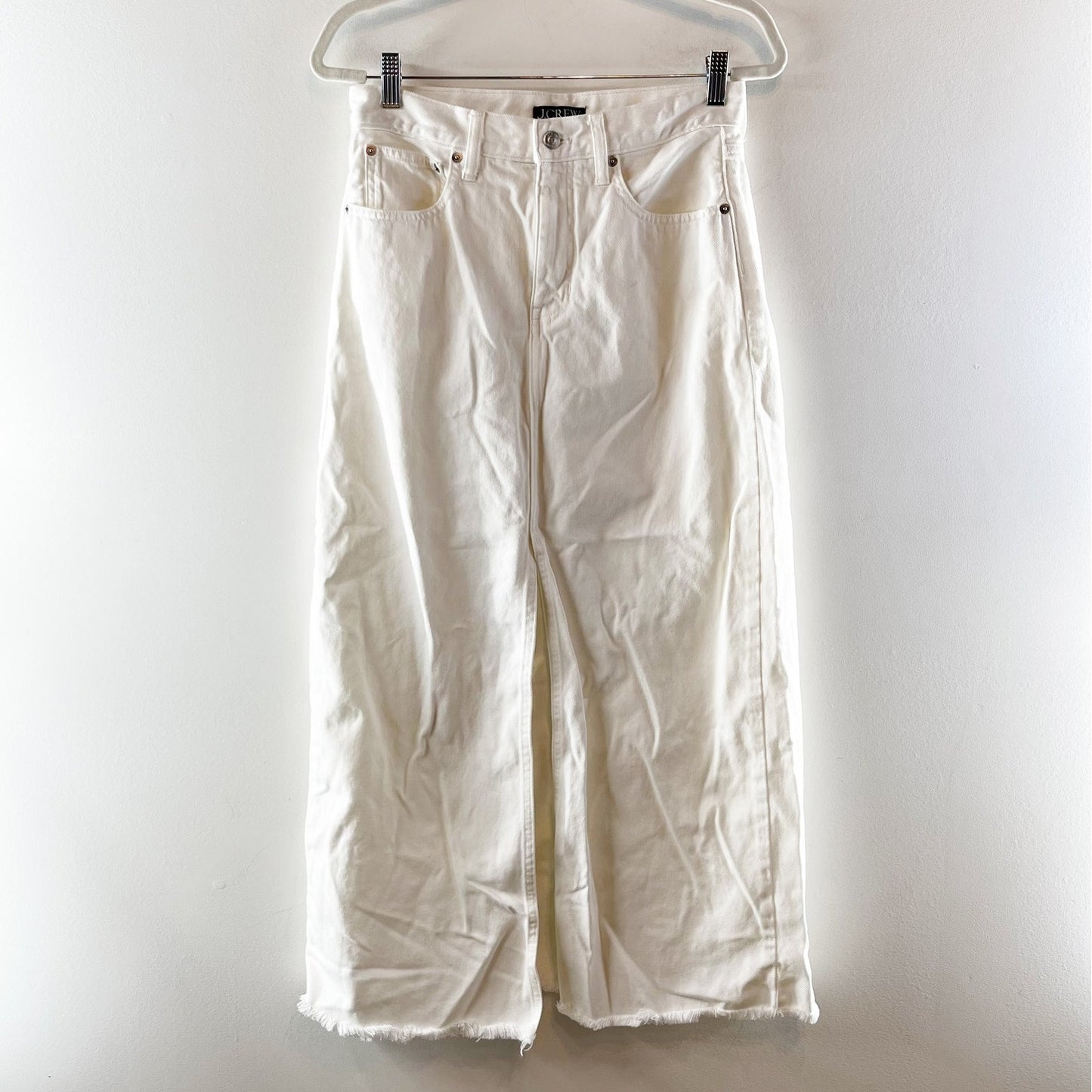 J. Crew High Waisted Denim Raw Hem Front Slit Pencil Maxi Skirt White 27