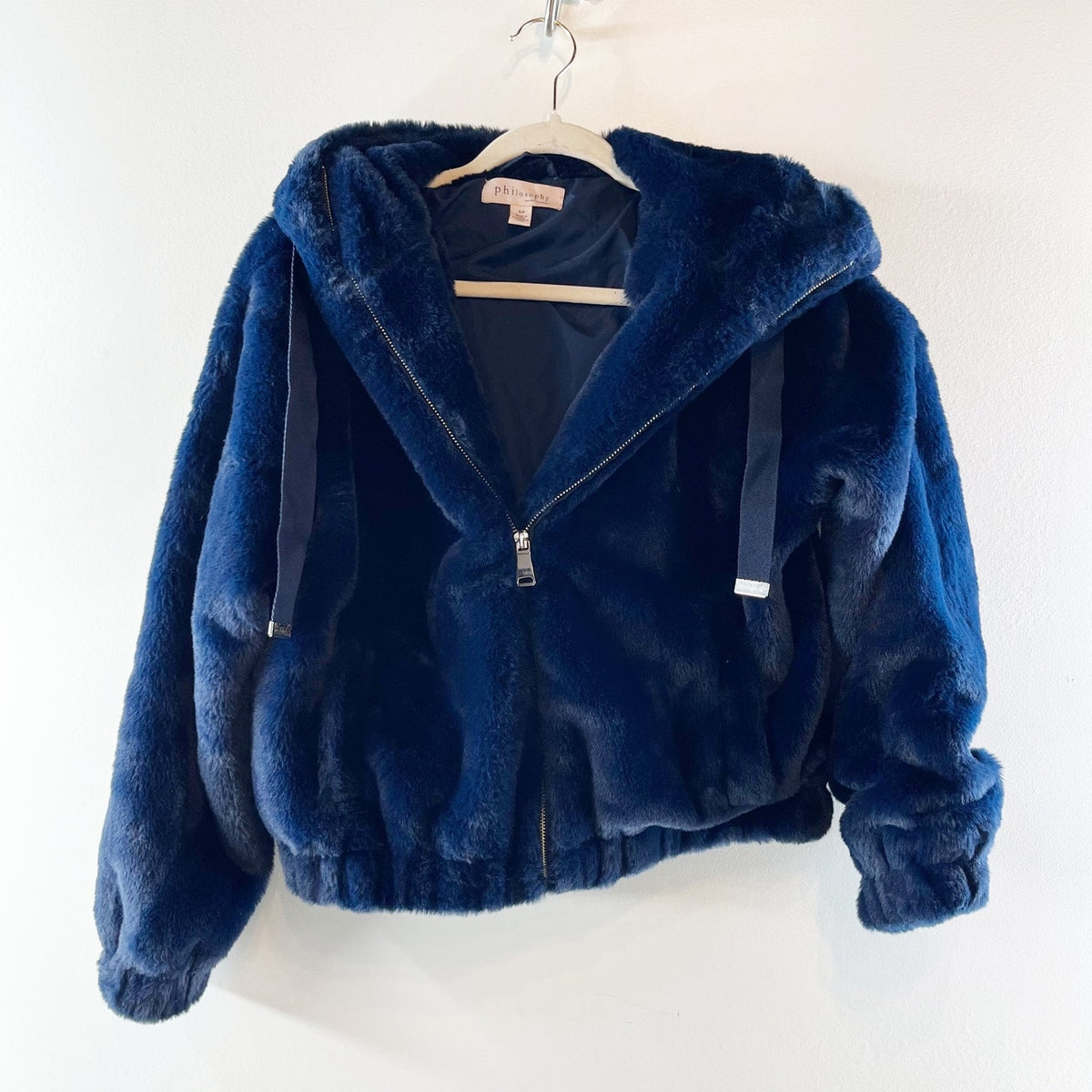Philosophy Full Zip Hooded Faux Fur Jacket Navy Blue Small