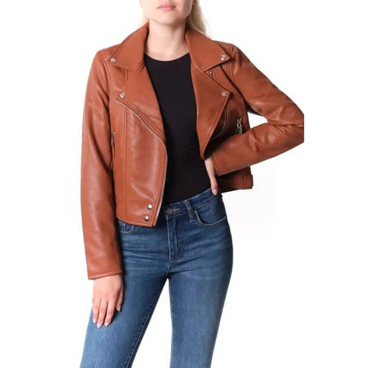 Blank NYC Good Vibes Faux Leather Moto Jacket Brown Small
