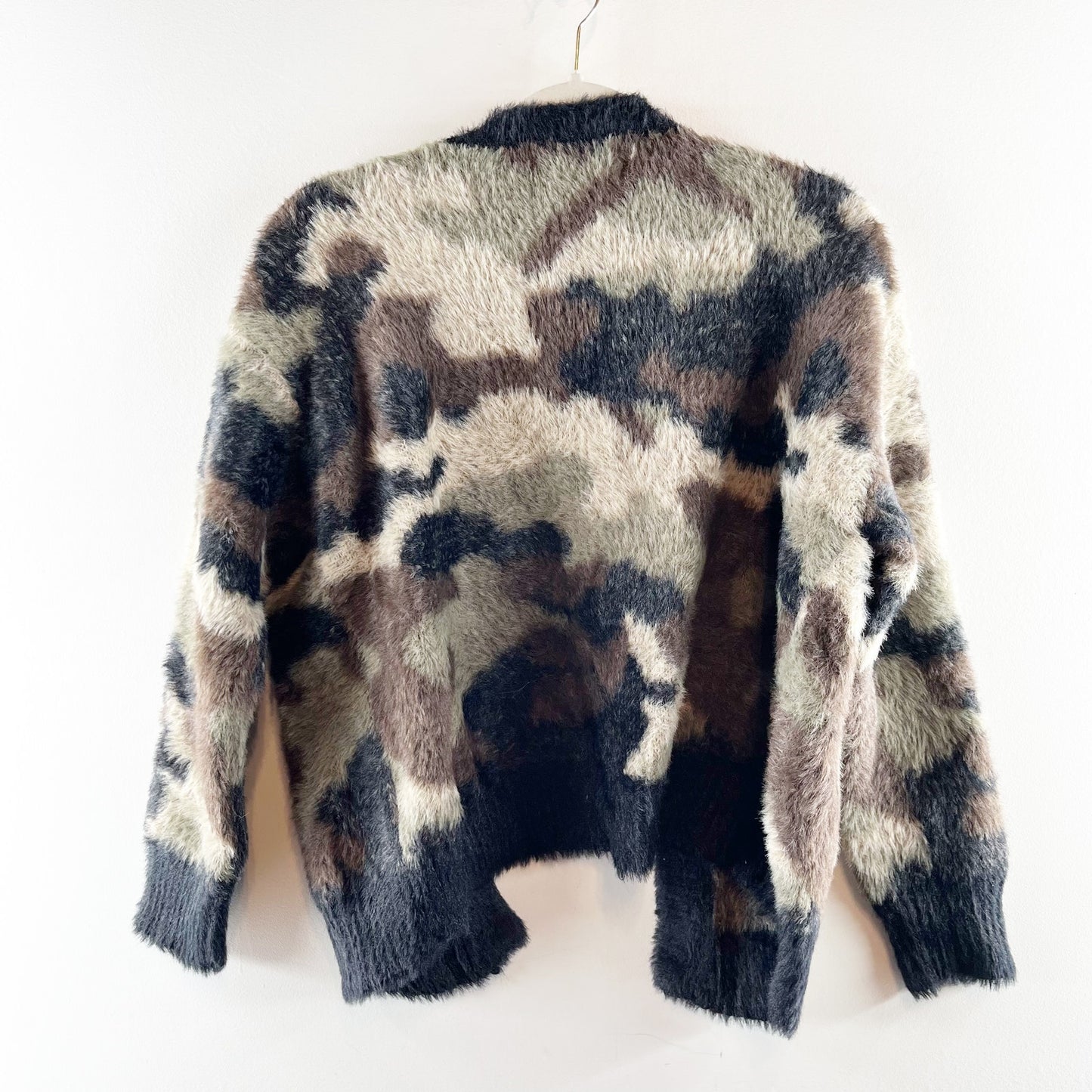 Cloth & Stone Camo Button Up Fuzzy Knit Cardigan Sweater Green Black Small