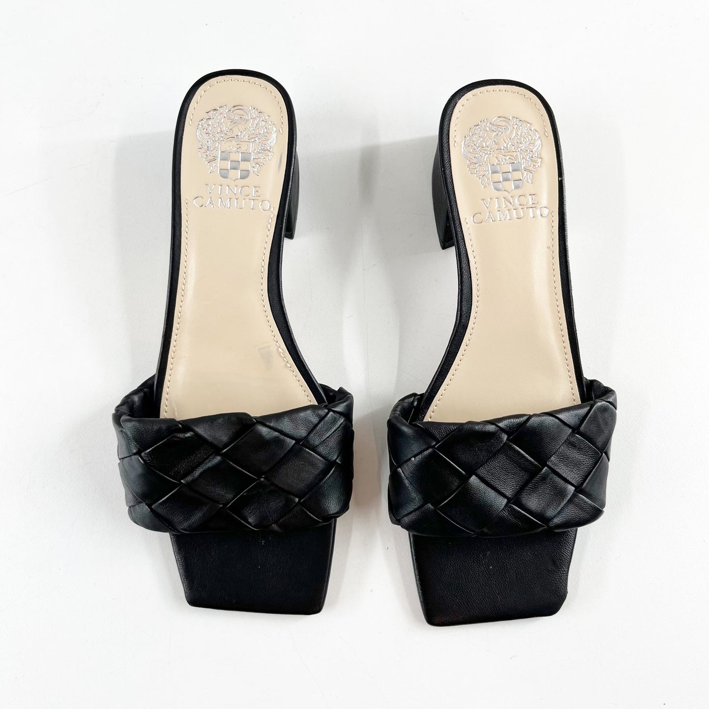 Vince Camuto Semtera Woven Kitten Block Heel Square Toe Slide Sandals Black 6.5