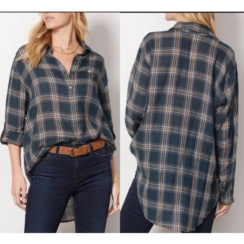 Sundry Evereve Heart Plaid Long Sleeve Hi-Low Button Down Shirt Pine Green XL