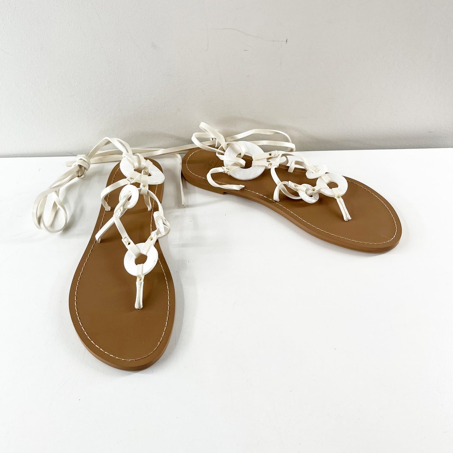 ASOS Fiona Slip On Tie Strap Flat Thong Sandals White US 7