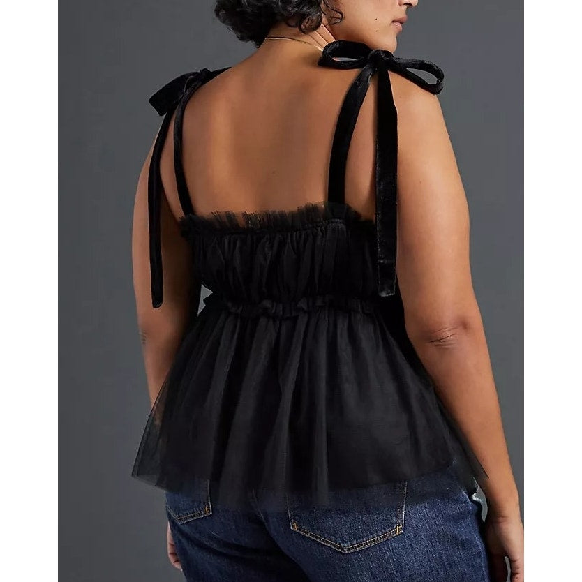 Sunday In Brooklyn Anthropologie Velvet Tie Strap Tulle Peplum Tank Top Black XS