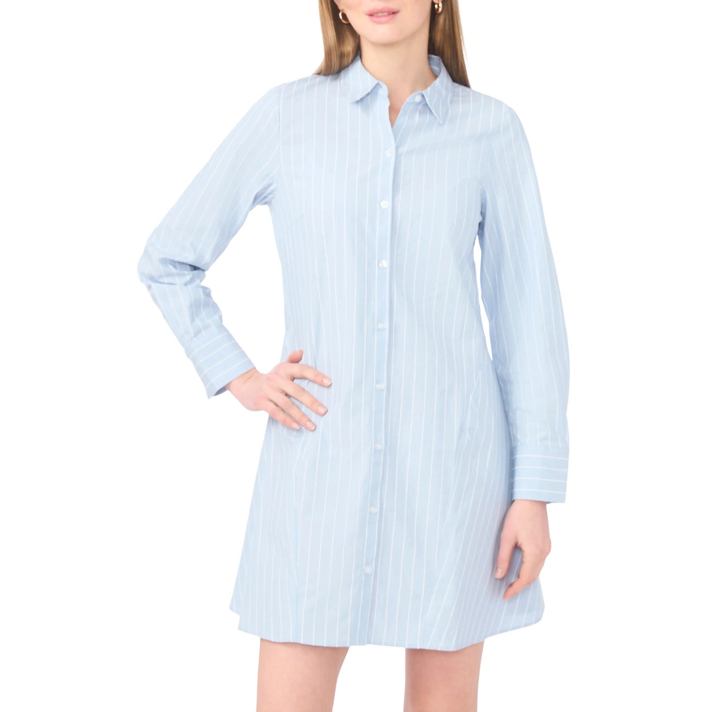 1.State Stripe Long Sleeve Cotton Button-Front Mini Shirtdress Blue Denim XS