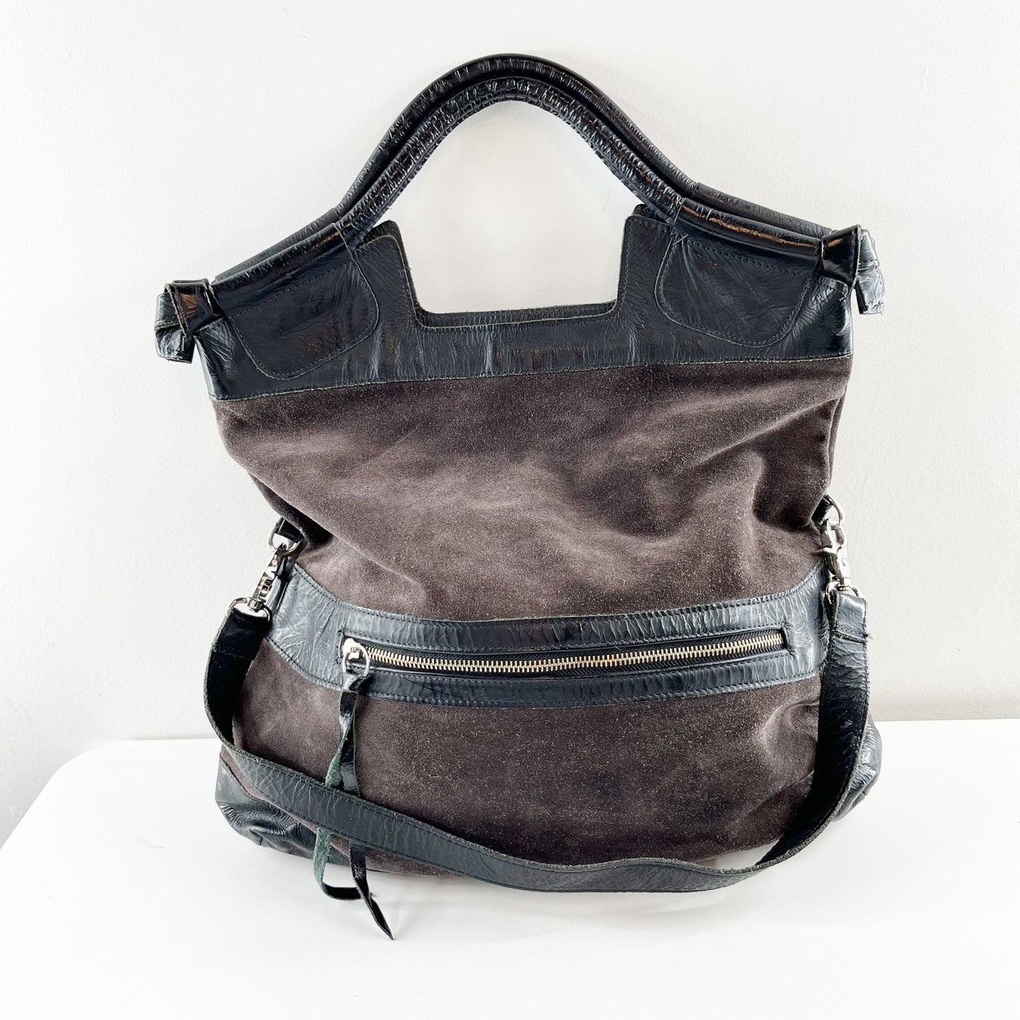Foley + Corinna Fold Over Purse Handbag Brown Suede & Black Patent