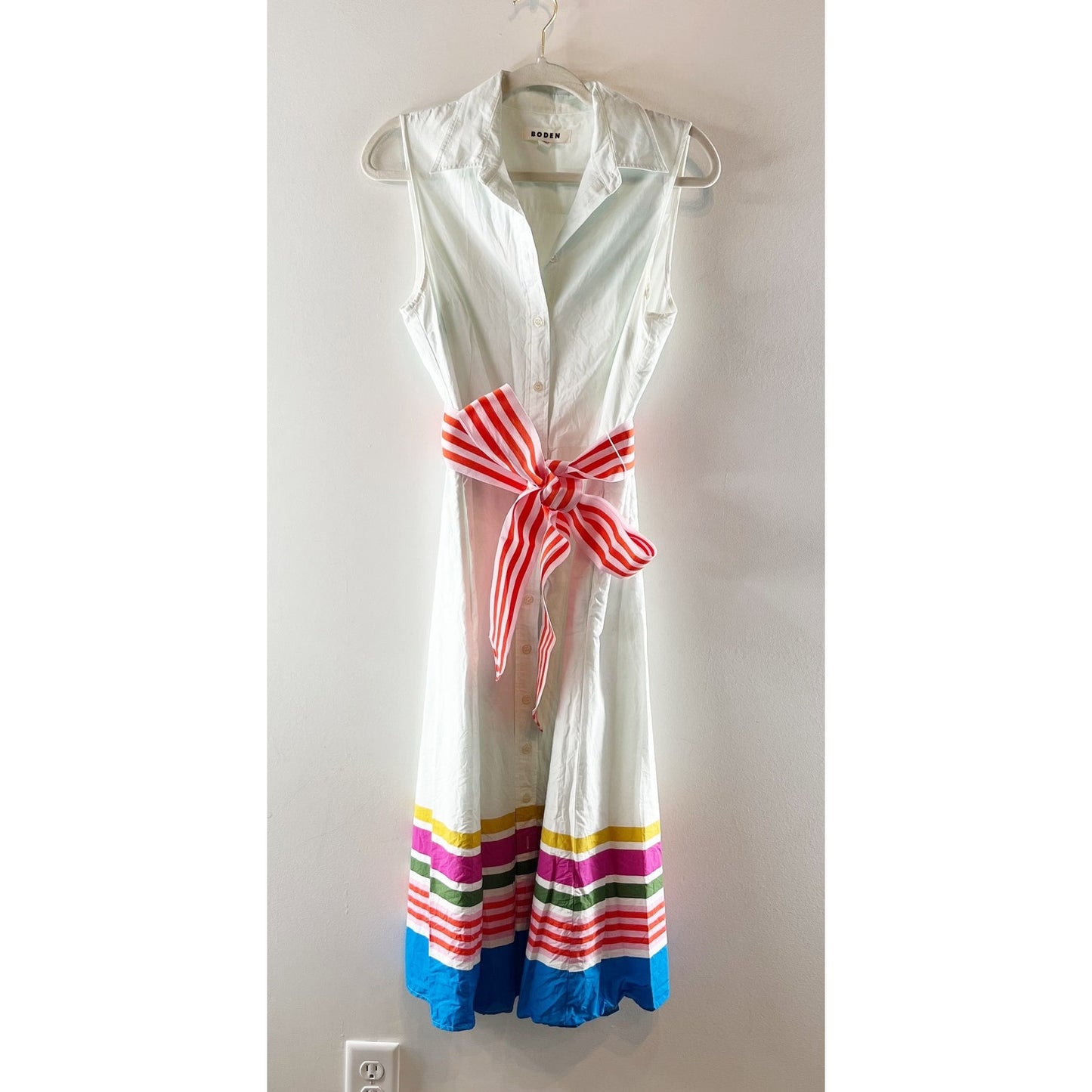 Boden Kate Sleeveless Belted Midi Shirt Dress White Red Blue 8
