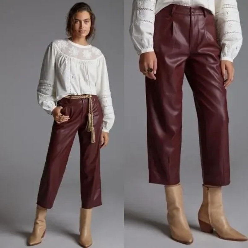 Pilcro Anthropologie The Breaker Cropped Wide Leg Faux Leather Pants Burgundy MP