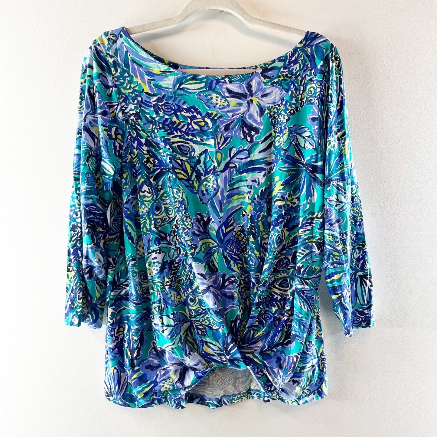 Lilly Pulitzer 3/4 Sleeve Printed Pima Cotton Tee Shirt Top Blue Large