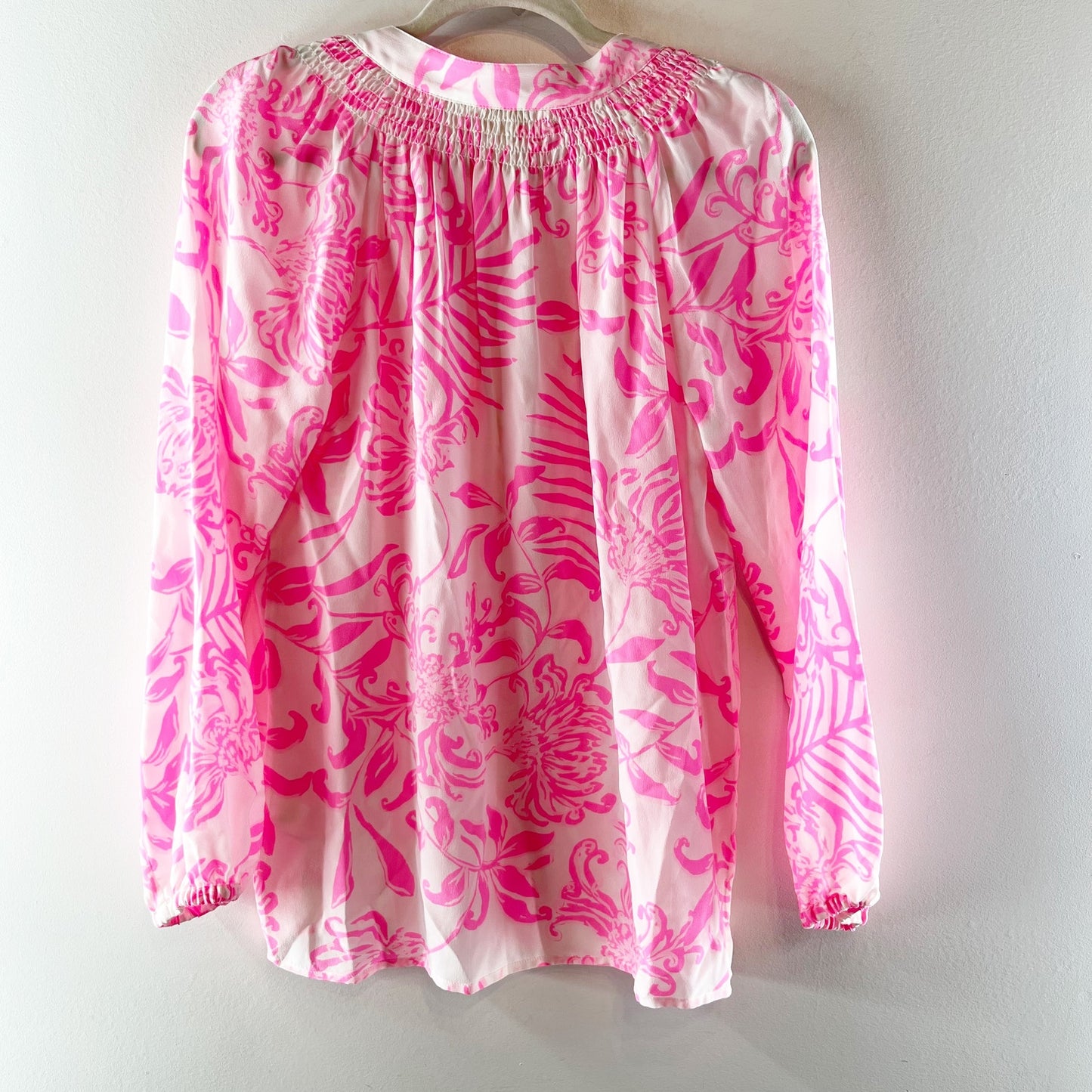 Lilly Pulitzer Elsa Silk Long Sleeve Tropical Print Blouse Top Pink White Small