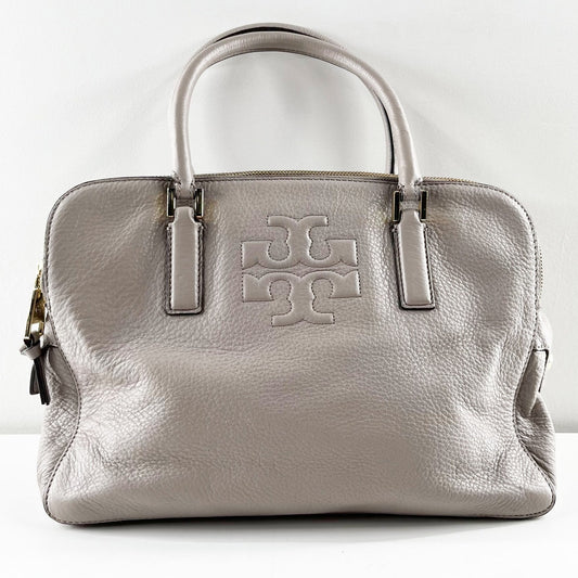 Tory Burch Thea Pebbled Leather Tophandle Satchel Handbag Purse Gray