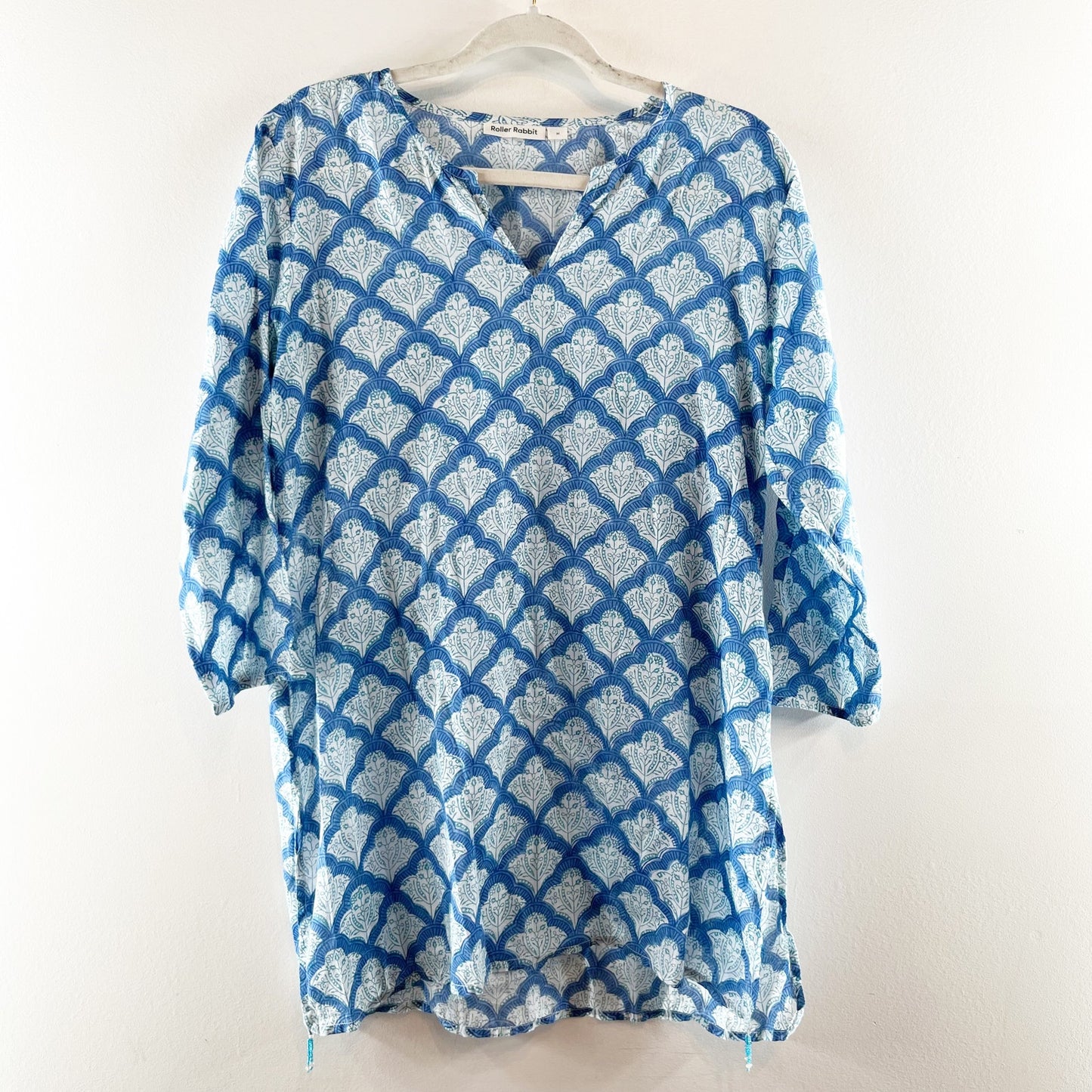Roller Rabbit Jemina Kurta 3/4 Sleeve Split Neck Tunic Top Blue White Medium