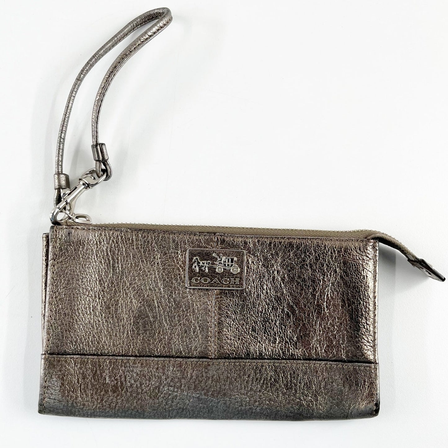 Coach Poppy Metallic Wristlet Wallet Pewter Bronze