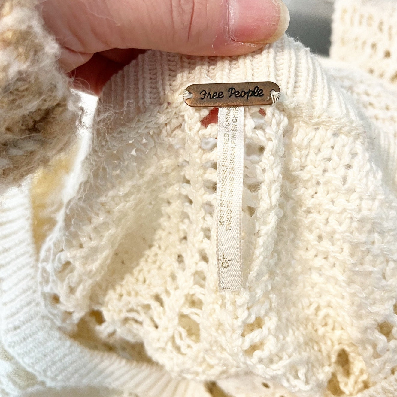Free People Cotton Crochet Long Sleeve Crewneck Sweater Ivory Large
