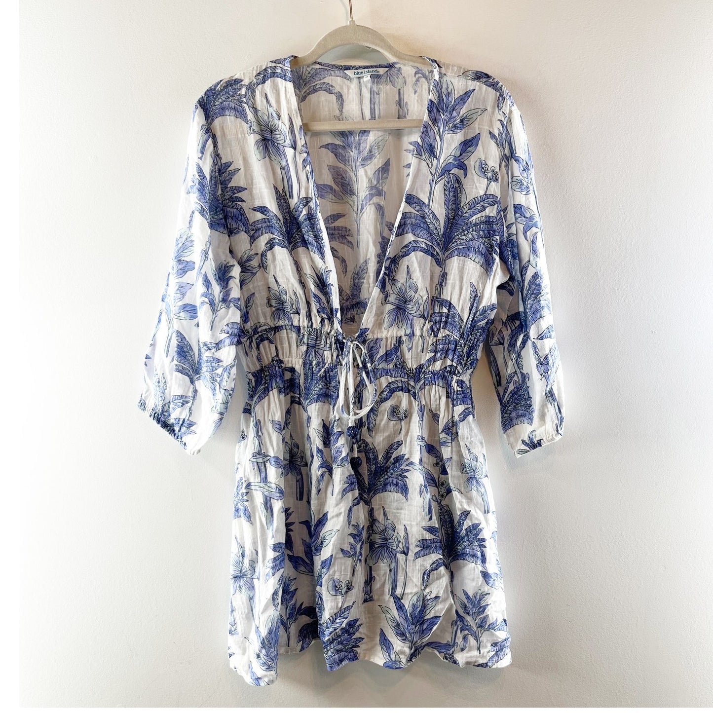 Blue Island Tropical Palm Print 3/4 Sleeve Beach Cover-Up Dress White Blue M