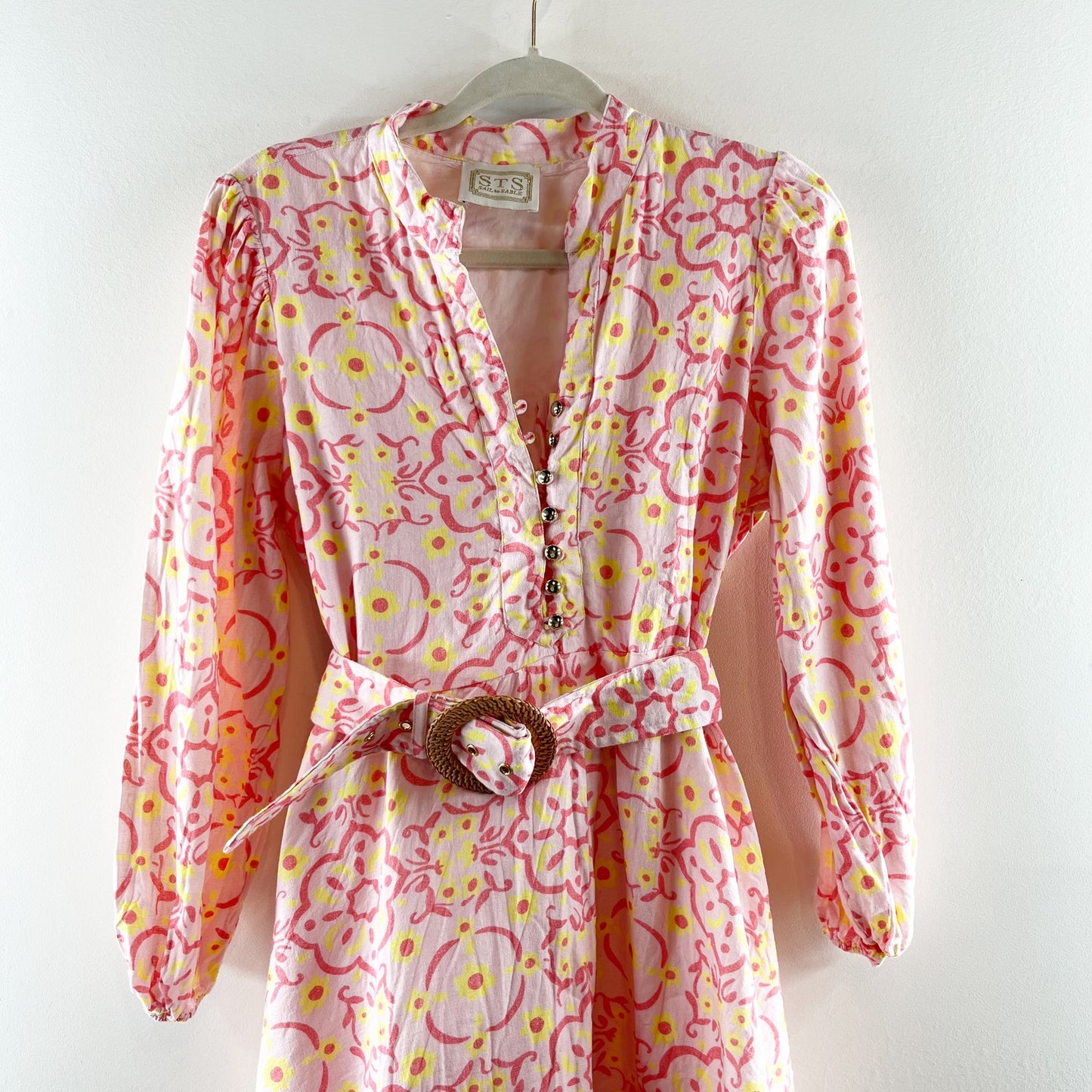 Sail to Sable Long Sleeve Belted Tunic Mini Dress Blush Medallion Print Peach S