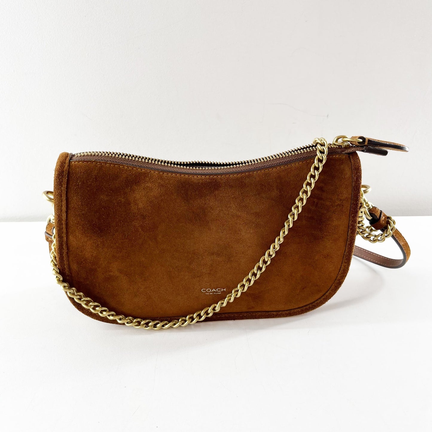 Coach Suede Waverly Shoulder Handbag Purse with Chain Strap Warm Brown