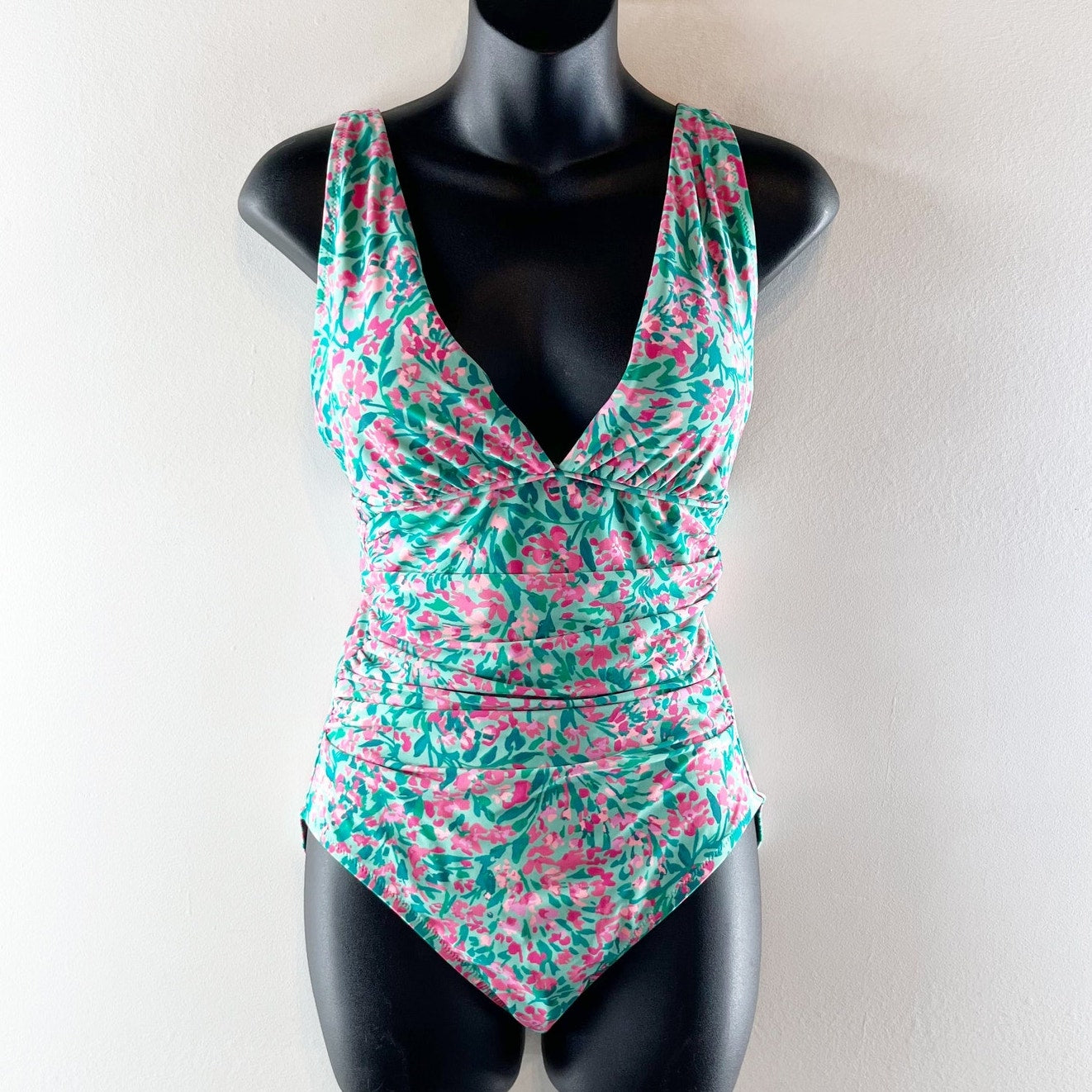 J. Crew Ruched Plunge One Piece Swimsuit Green Pink Floral Print Small