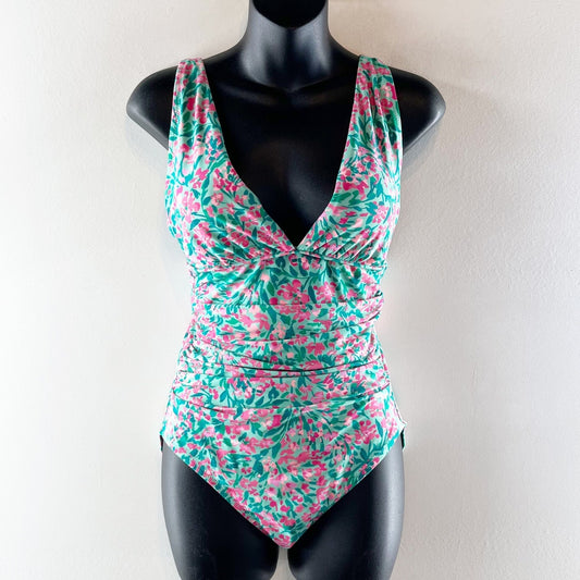 J. Crew Ruched Plunge One Piece Swimsuit Green Pink Floral Print Small