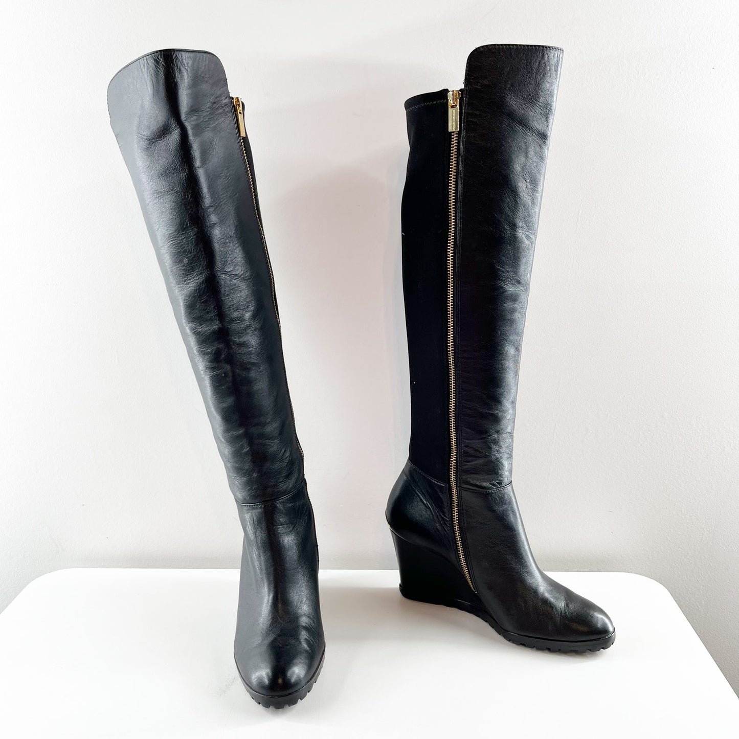 Michael Kors Knee High Leather Bromley Wedge Riding Boots Black 8