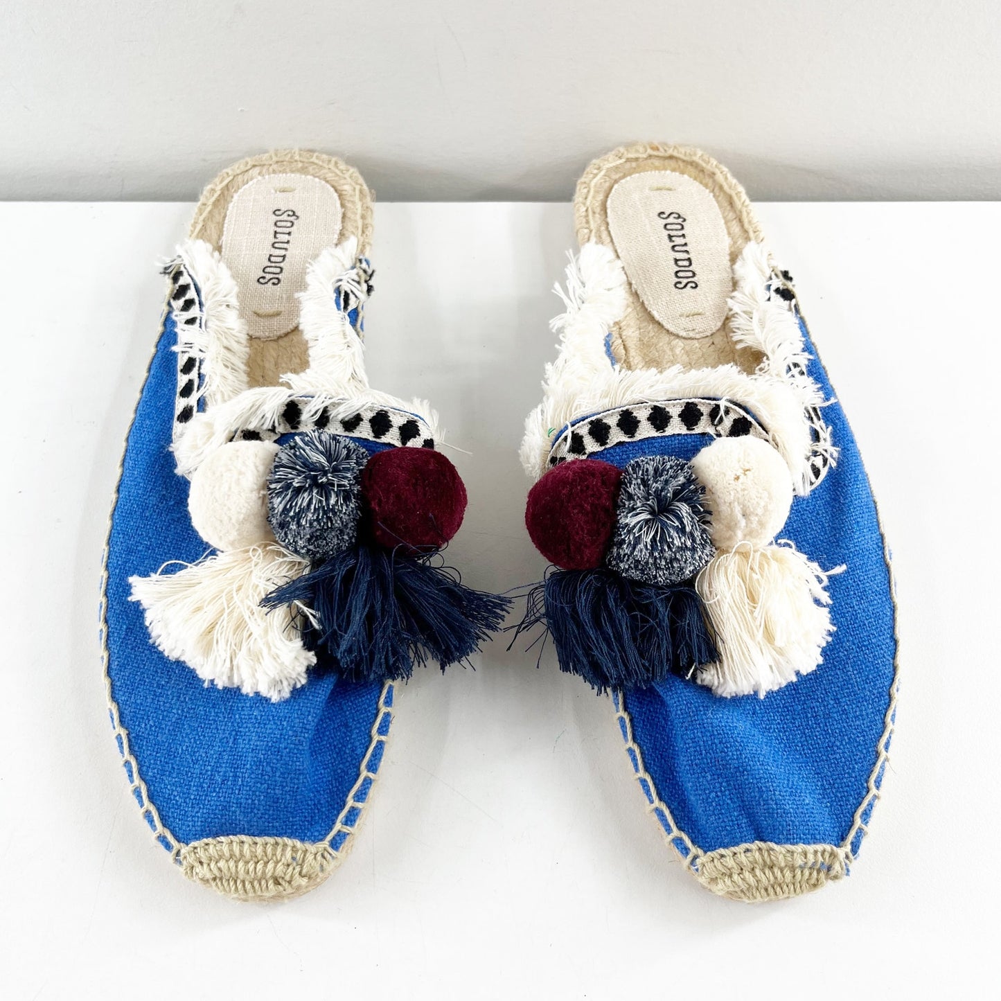 Soludos Coco Pom Pom Espadrille Mule Flats Blue White 8.5