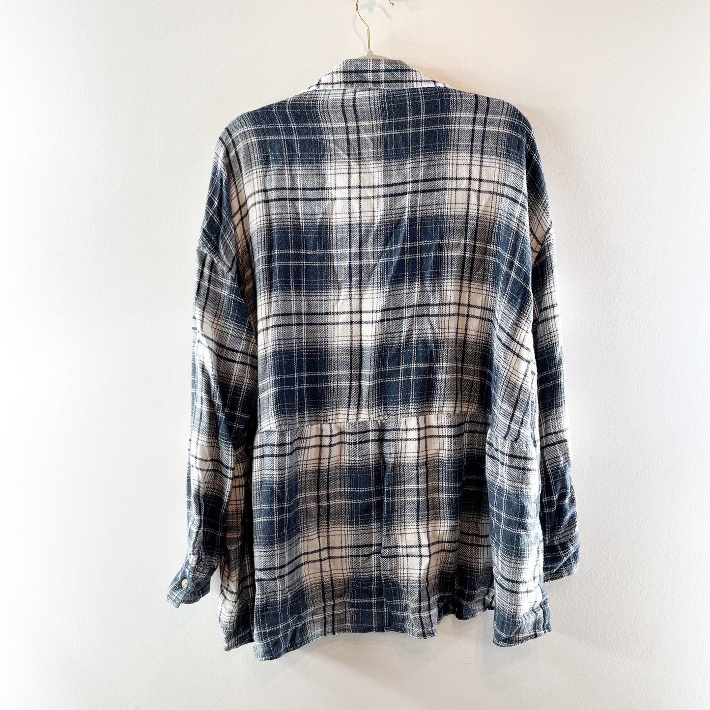 American Eagle Long Sleeve Plaid Button Down Peplum Flannel Top Blue Large