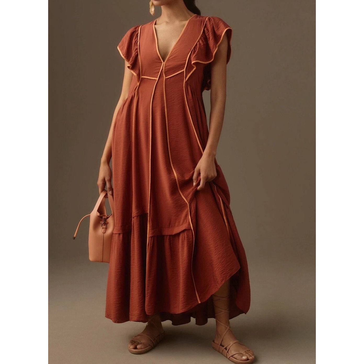 Anthropologie The Mimi Flutter-Sleeve Tipped Maxi Dress Rust Medium Petite