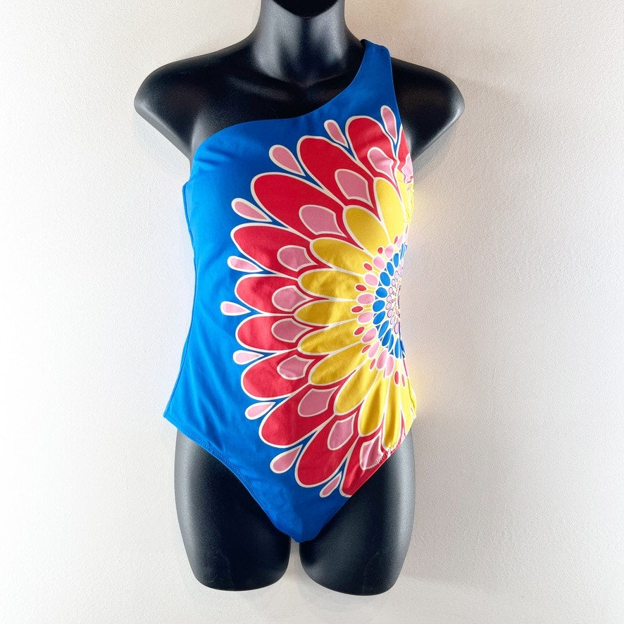 Boden Porto One Shoulder Flower Floral Rainbow One Piece Swimsuit Blue 6