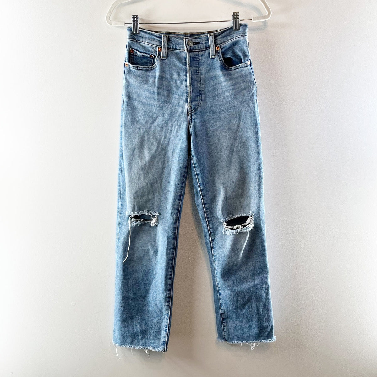 Levi's Ribcage High Rise Straight Leg Distressed Jeans Light Wash Blue 26