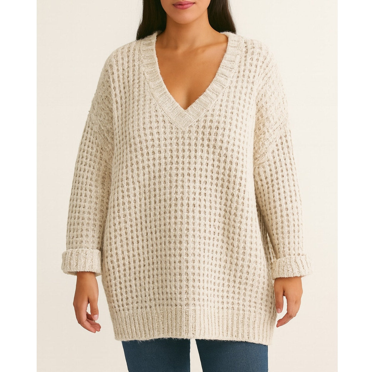 ZARA Chunky Waffle Textured V Neck Sweater Ivory Cream Large