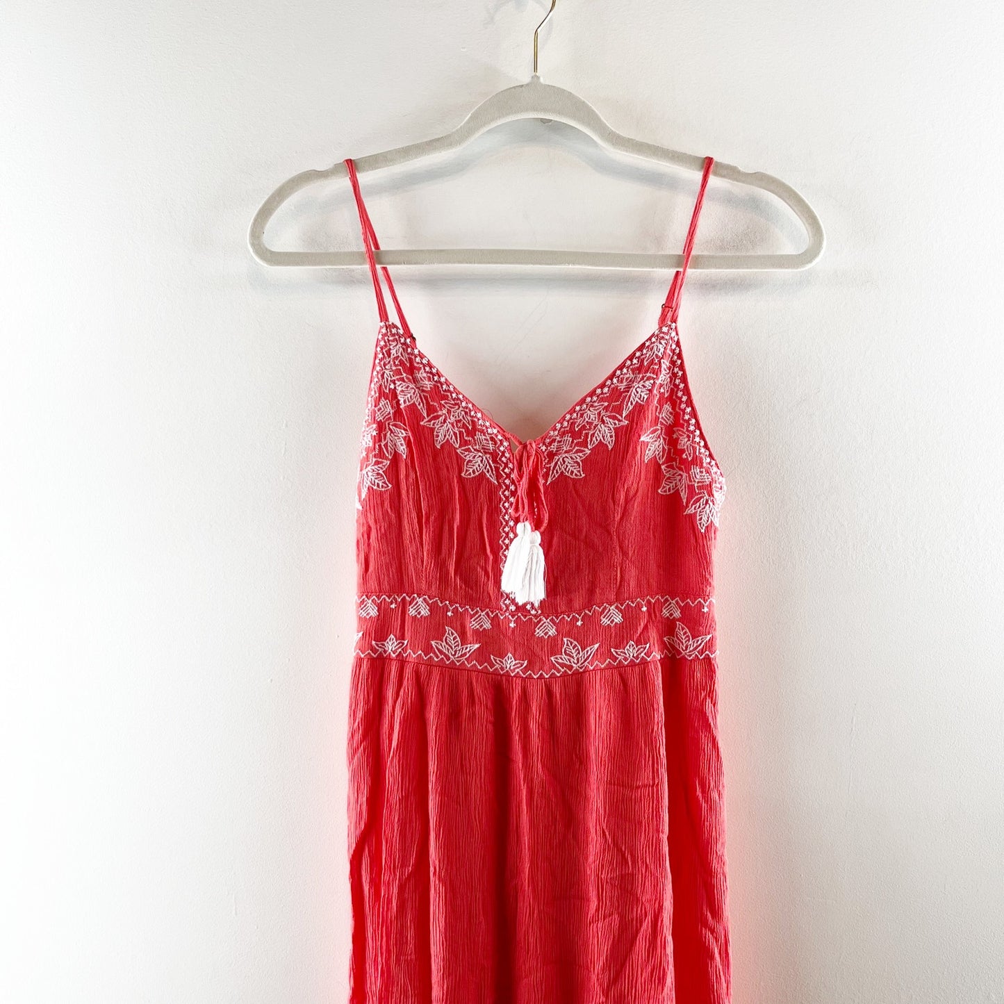 Japna Embroidered Tassel Tie Front Maxi Dress Coral Red Medium
