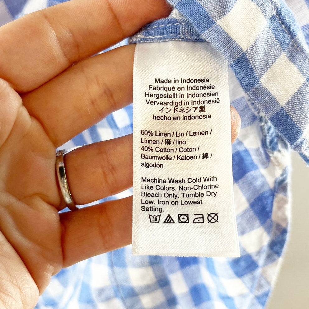 J. Crew Long Sleeve Linen Cotton Mini Gingham Shirt Dress Blue White Small