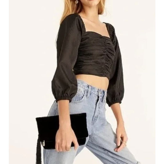 J. Crew Ruched Puff Sleeve Sweetheart Neck Crop Top Black 10