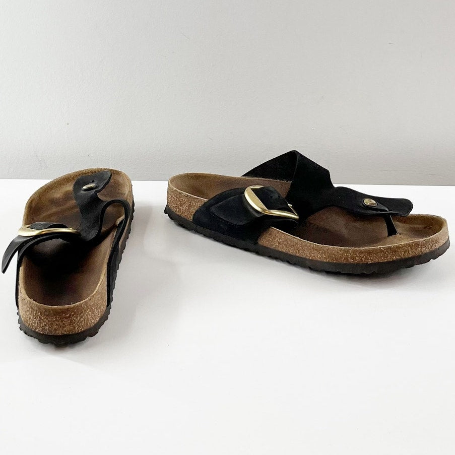 Birkenstock Gizeh Big Buckle Nubuck Leather Slip On Thong Sandals Black 42