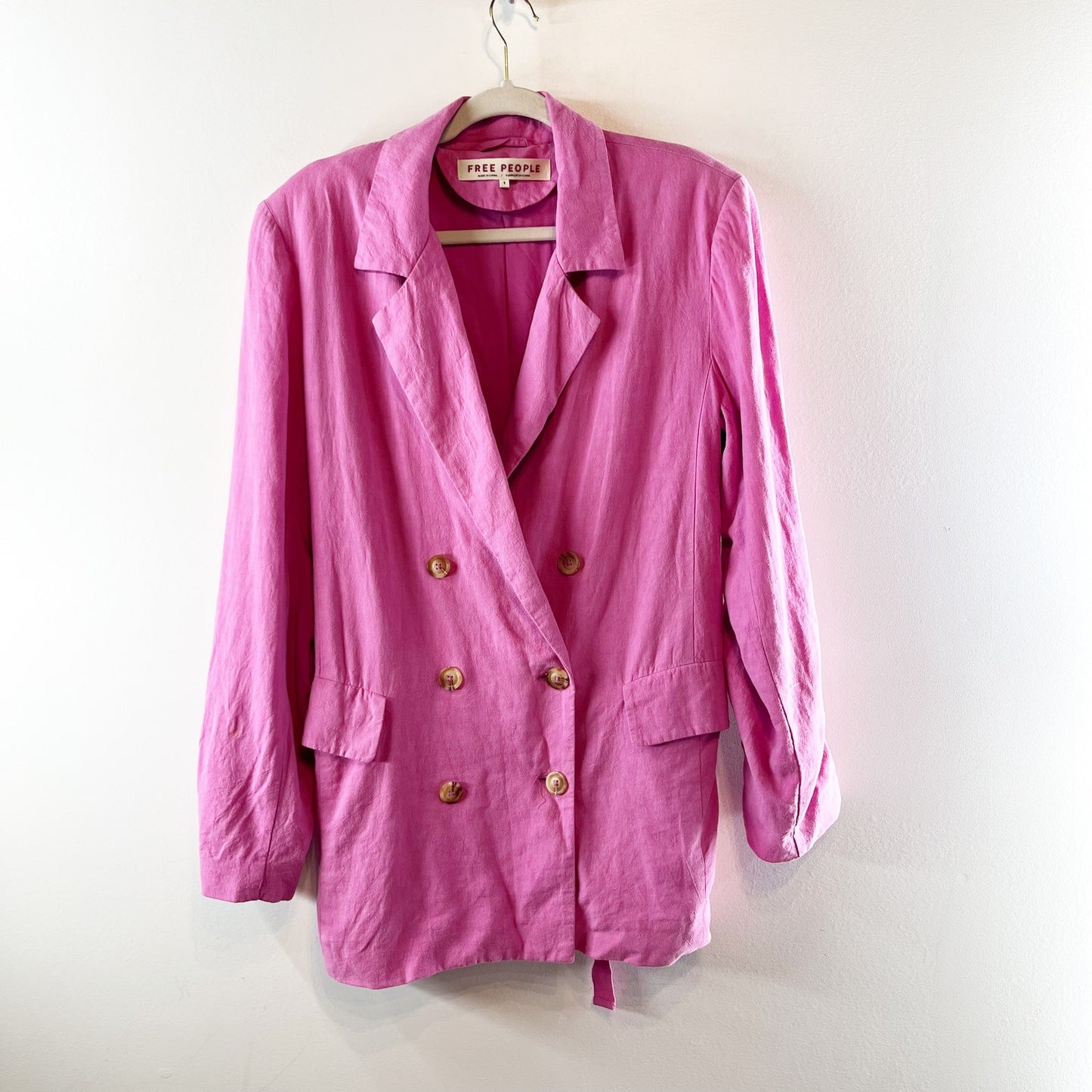 Free People Olivia Linen Blend Long Sleeve Belted Oversized Blazer Jacket Pink S