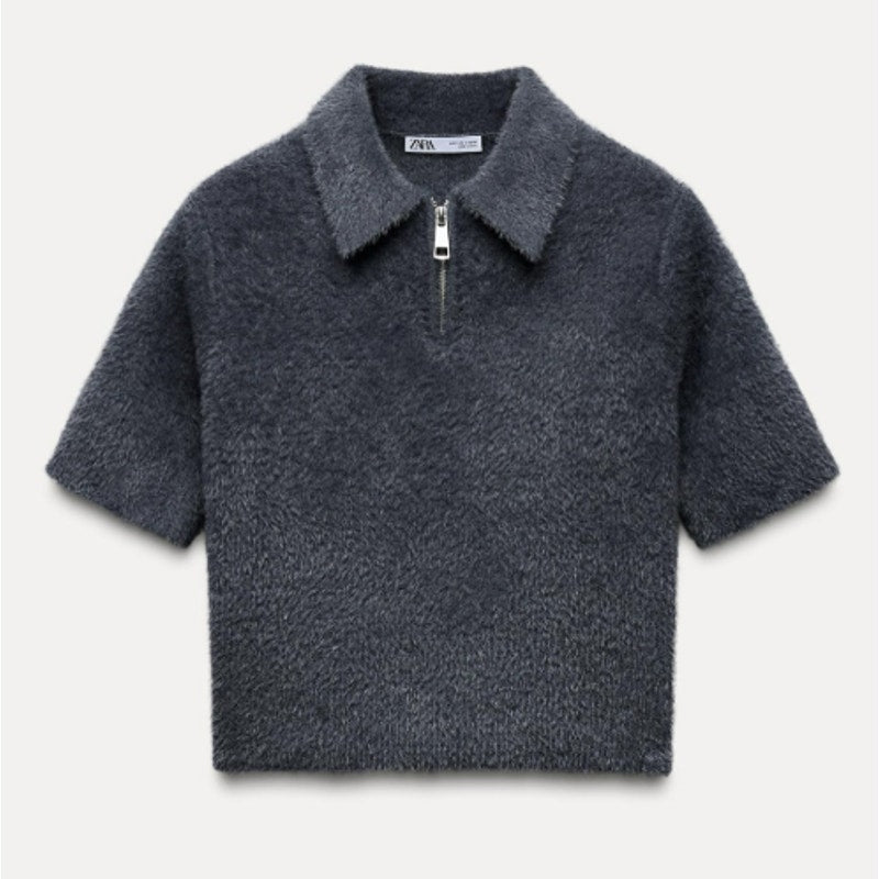 Zara Short Sleeve 1/4 Zip Collared Cropped Faux Polo Top Charcoal Gray Medium