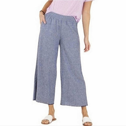 Tahari Linen Cropped Wide Leg Trouser Pants Chambray Blue XL
