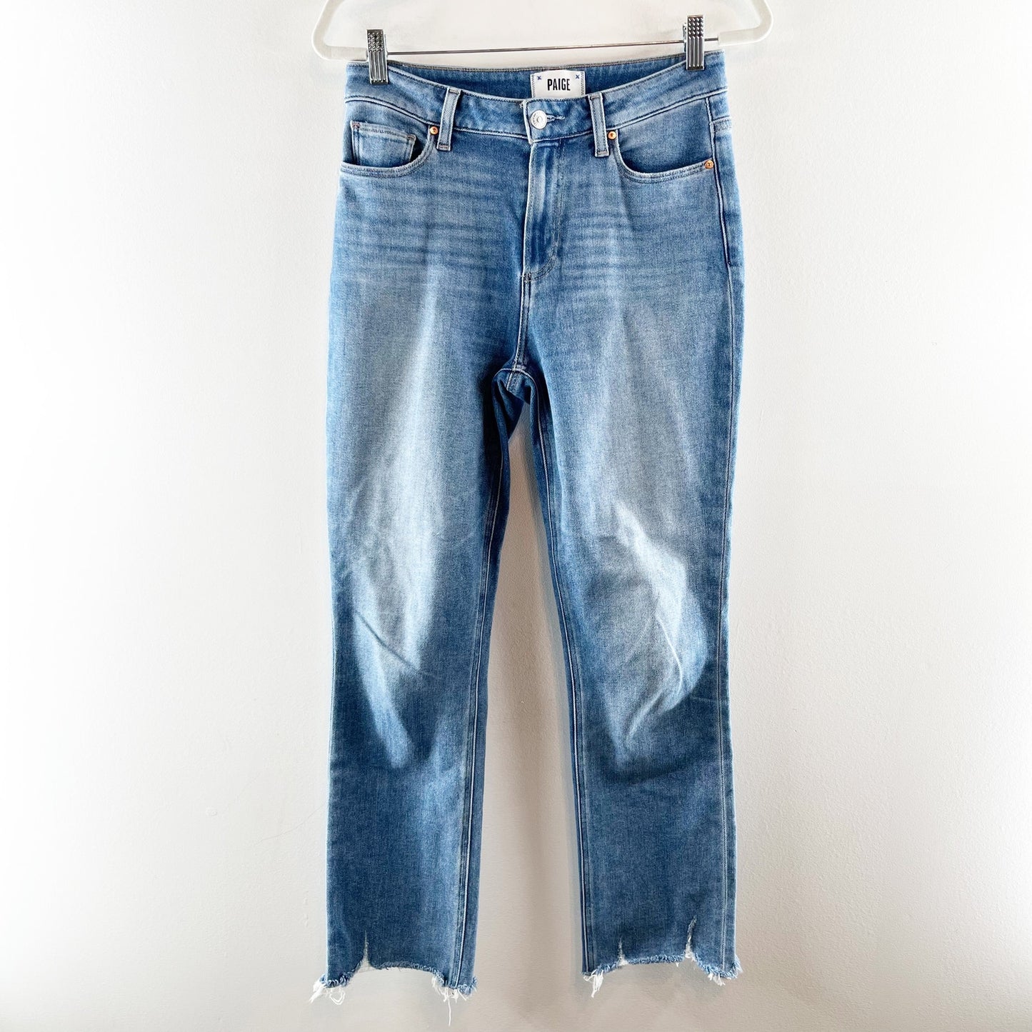 Paige Cindy Mel Destroyed Raw Hem High Rise Straight Leg Jeans Blue 28 / 6