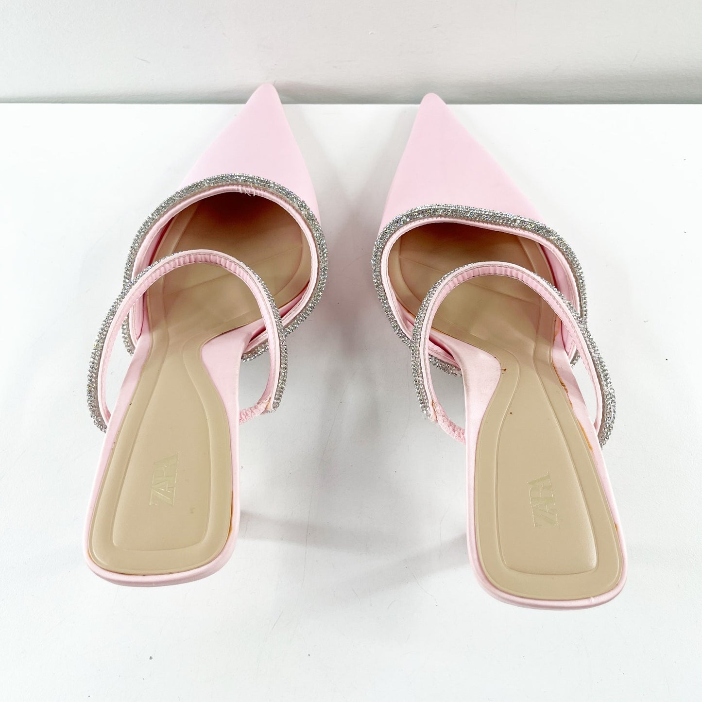 ZARA Pointed Toe Rhinestone Trim Mule Kitten Heel Shoes Pink 40 / 10