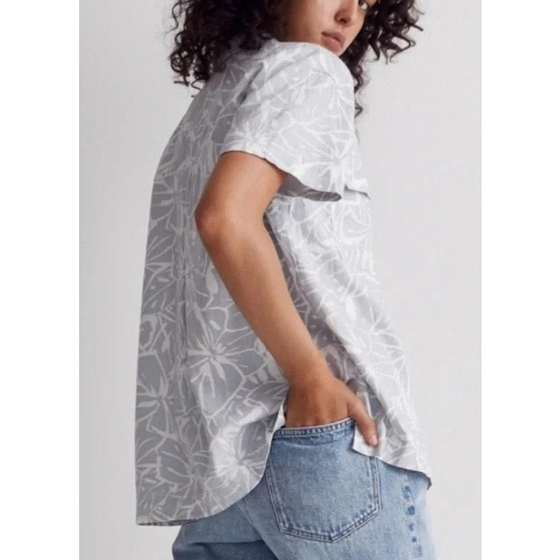 Madewell Linen-Blend Camp Short Sleeve Shirt in Abstract Flora Blue White Small