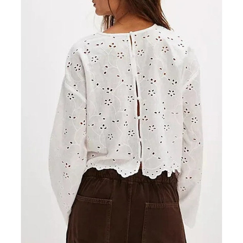Free People Emma Eyelet Long Sleeve Scalloped Hem Blouse Top White Small