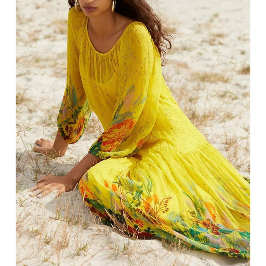 Anthropologie Tarin Scoopneck Tie Waist 3/4 Sleeve Floral Maxi Dress Yellow S