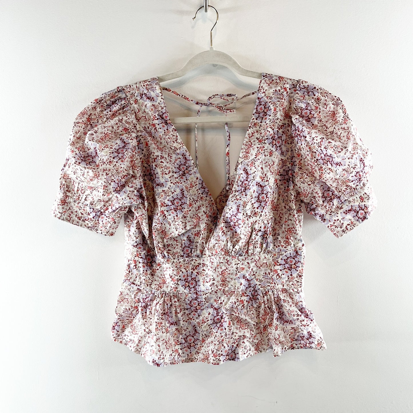 J. Crew Puff Short Sleeve V Neck Top Blouse in Ratti Paisley Garden White Purple